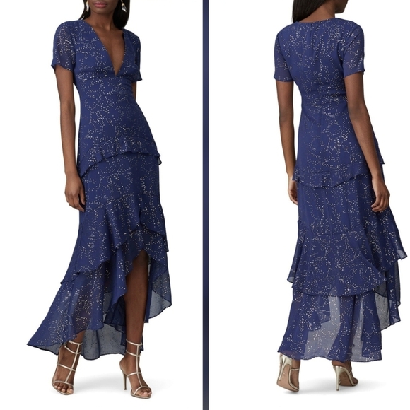 Hutch Dresses & Skirts - Hutch Tate Gown In Navy printed chiffon Short sleeves V-neckline Size 6